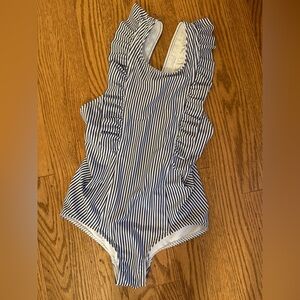 Striped Ruffle One-Piece Swimsuit - Navy & White